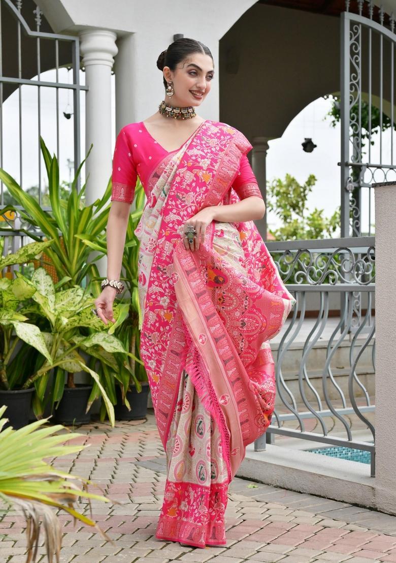 Pink Printed Silk Saree Set - Indya