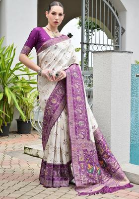 Purple Printed Silk Saree Set