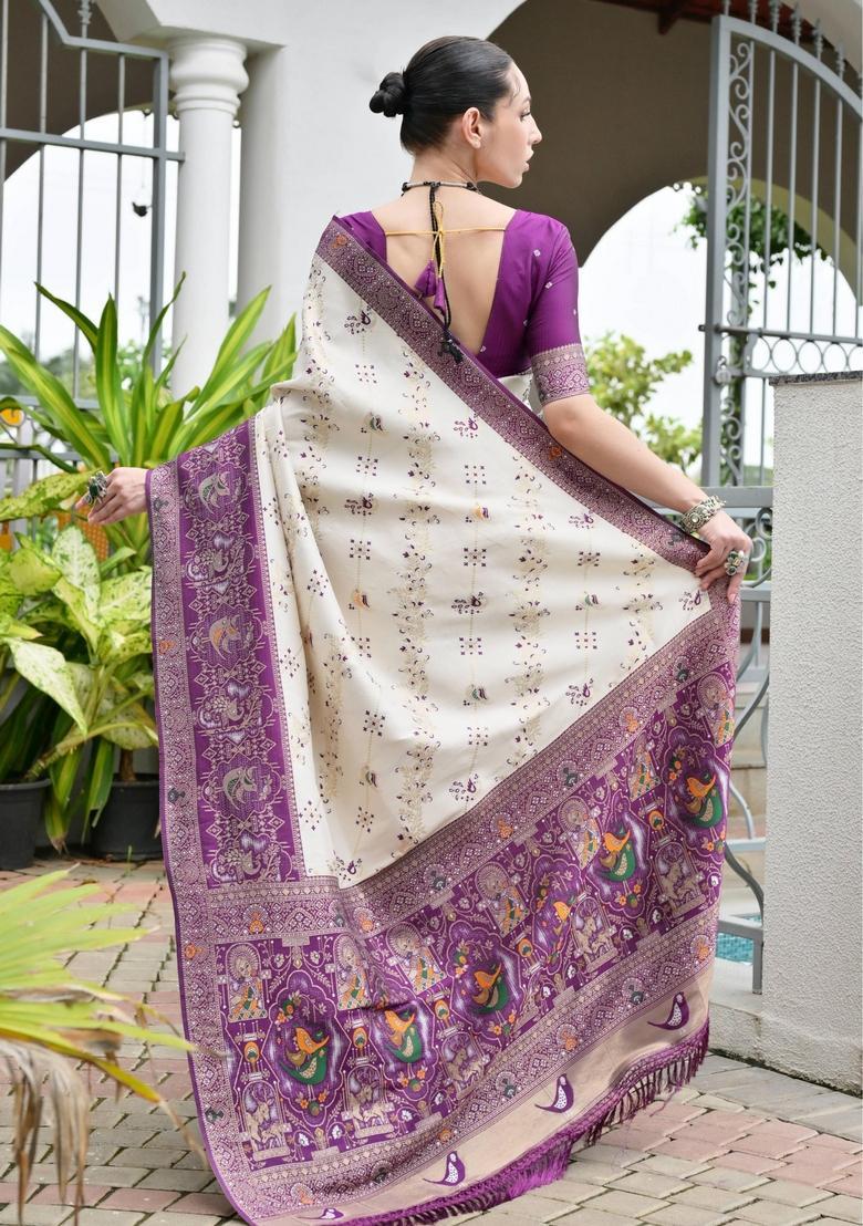 Purple Printed Silk Saree Set - Indya