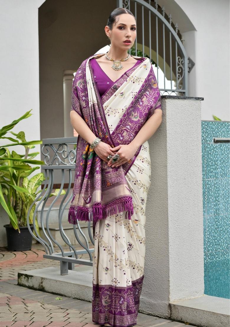 Purple Printed Silk Saree Set - Indya