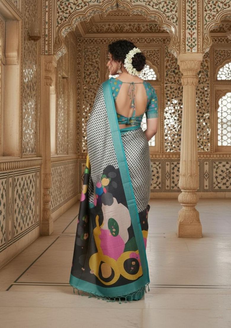 Green Printed Crepe Saree Set - Indya