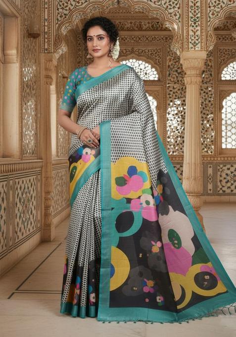 Green Printed Crepe Saree Set — view on Indya