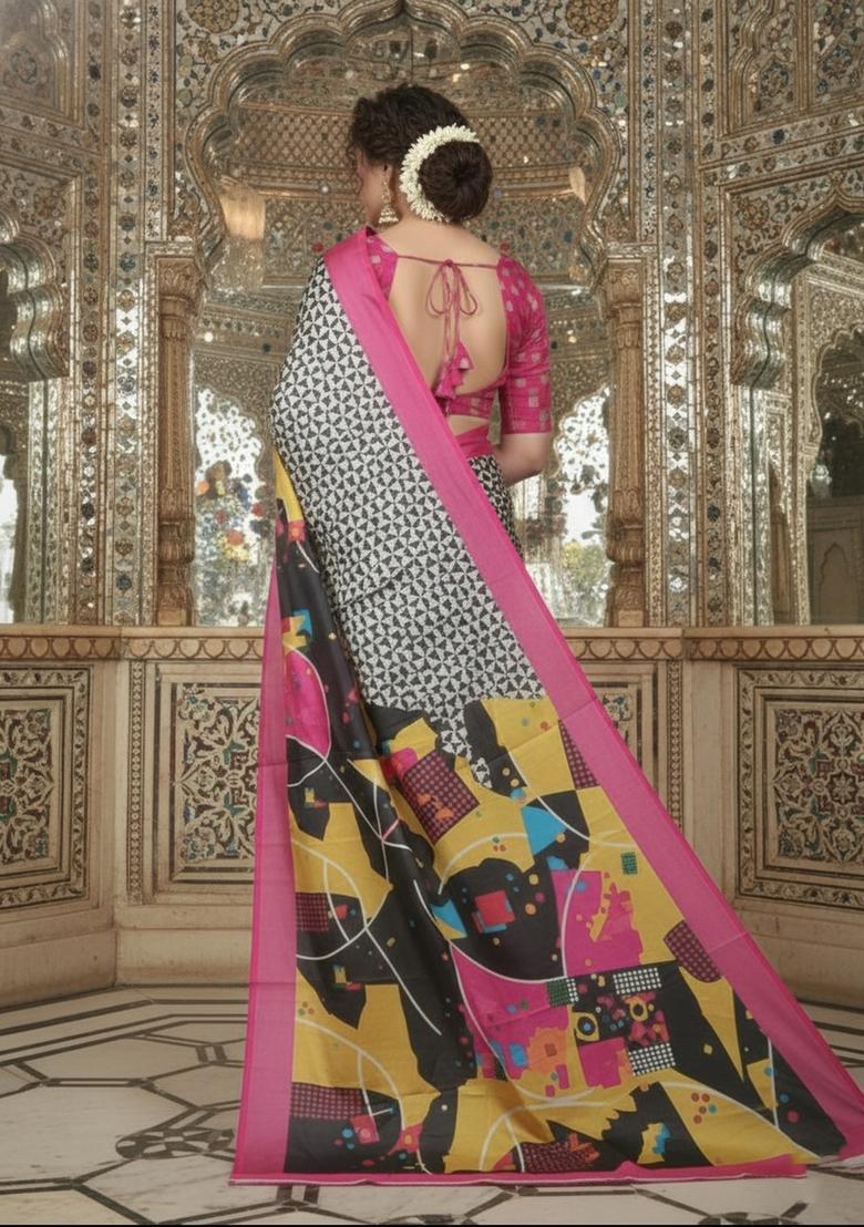Pink Printed Crepe Saree Set - Indya