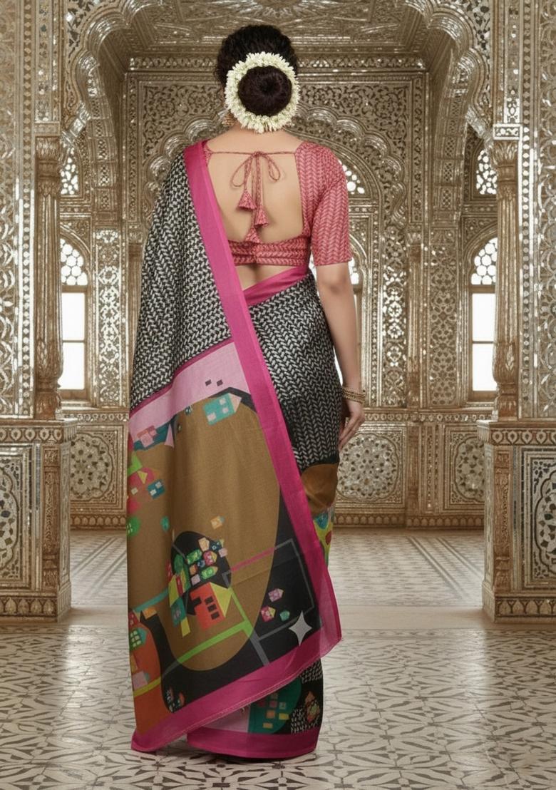 Pink Printed Crepe Saree Set - Indya