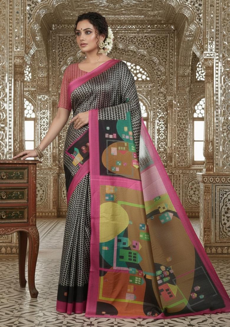 Pink Printed Crepe Saree Set - Indya