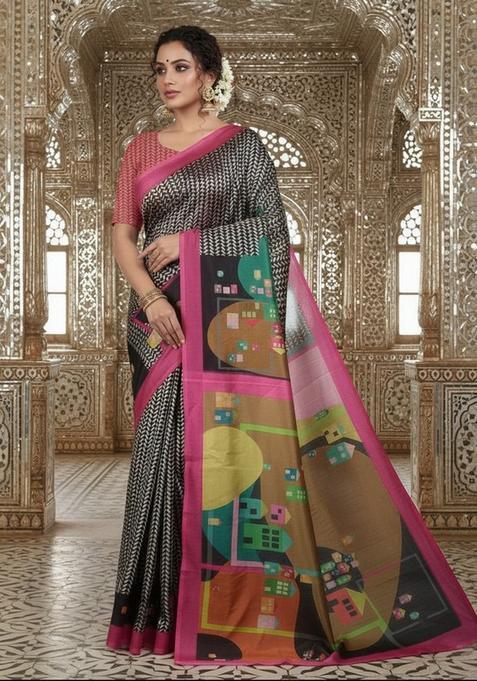 Pink Printed Crepe Saree Set — view on Indya