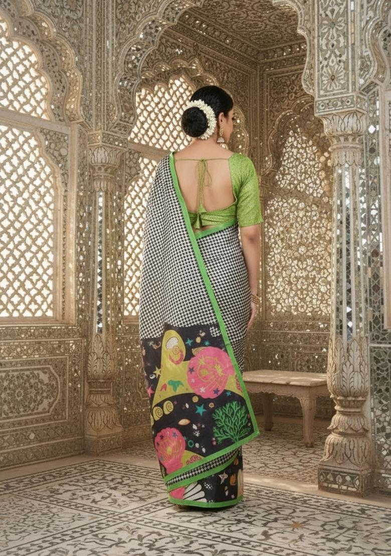 Green Printed Crepe Saree Set - Indya
