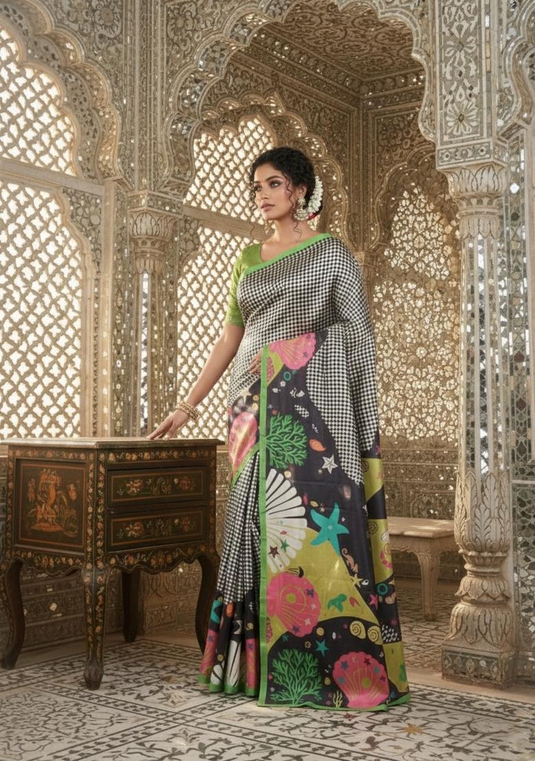 Green Printed Crepe Saree Set - Indya