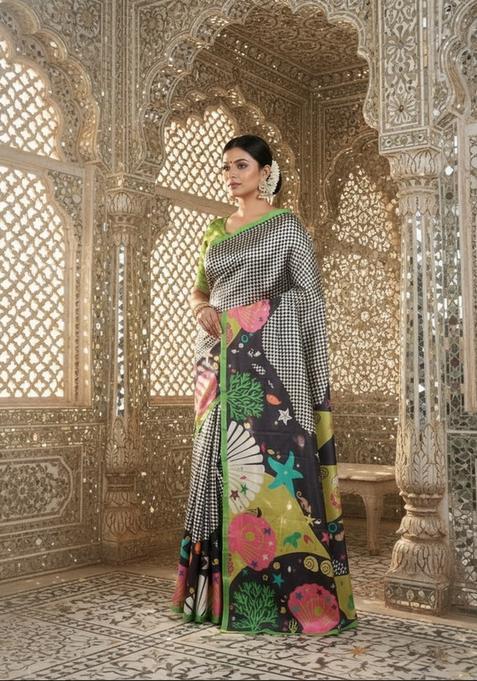 Green Printed Crepe Saree Set