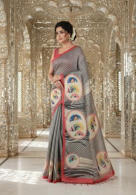 Red Printed Crepe Saree Set