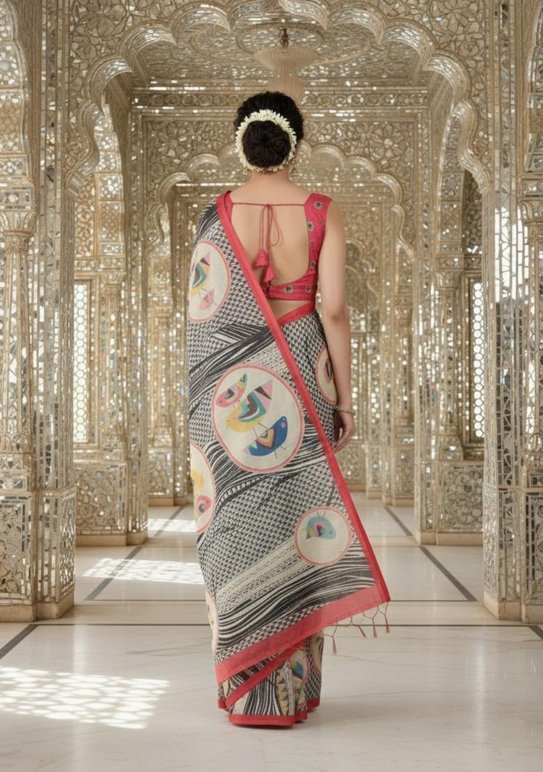 Red Printed Crepe Saree Set - Indya