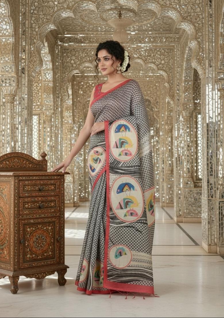 Red Printed Crepe Saree Set - Indya