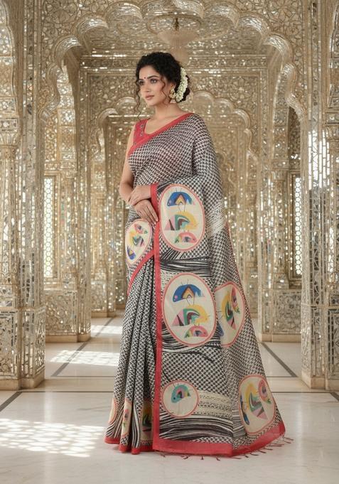 Red Printed Crepe Saree Set