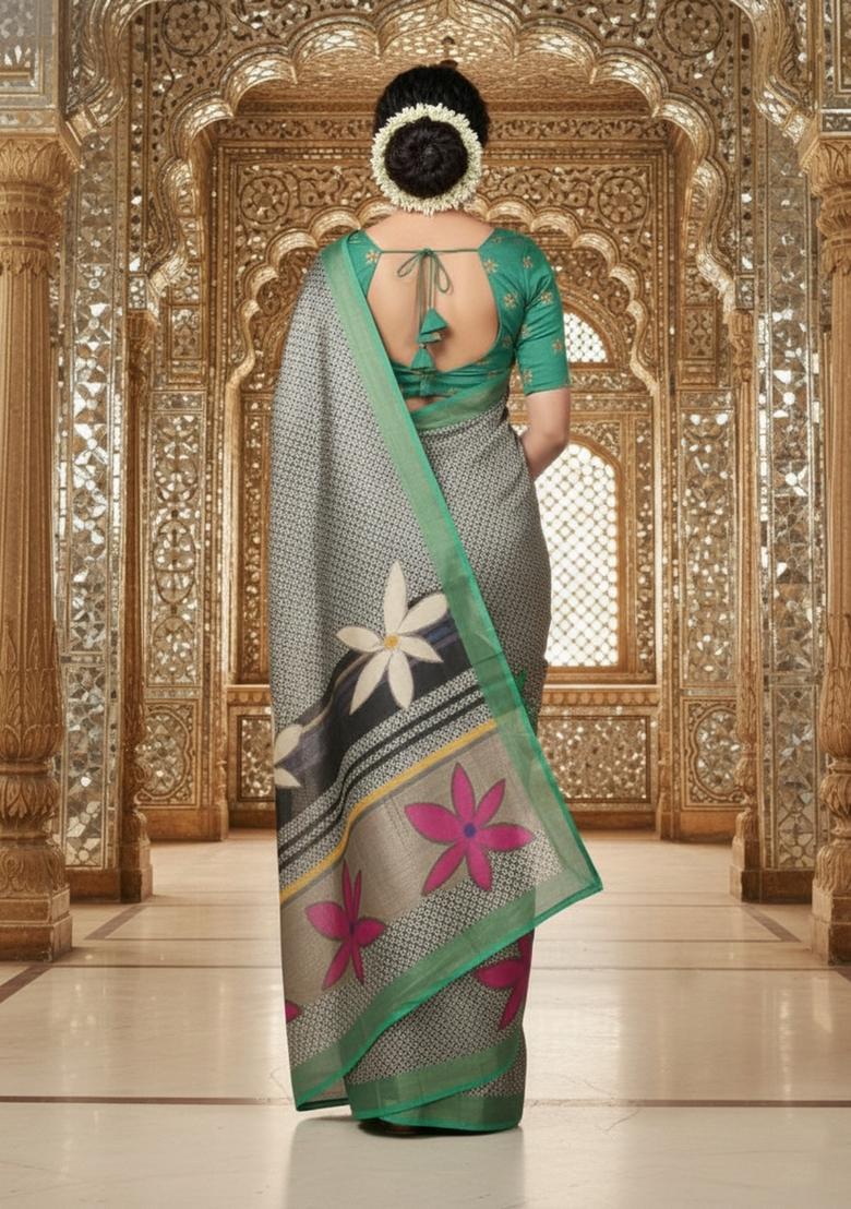 Green Printed Crepe Saree Set - Indya