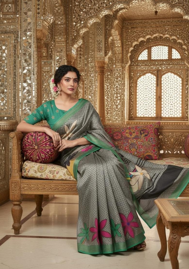 Green Printed Crepe Saree Set - Indya