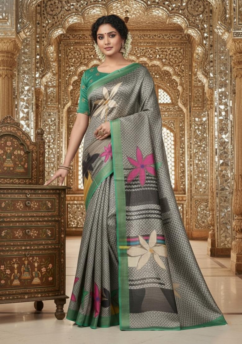 Green Printed Crepe Saree Set - Indya