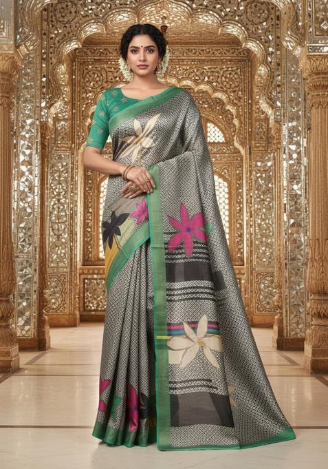 Green Printed Crepe Saree Set — view on Indya