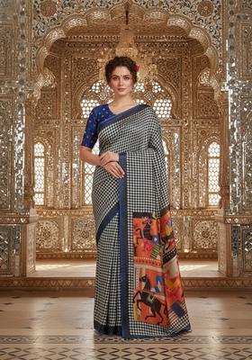 Blue Printed Crepe Saree Set