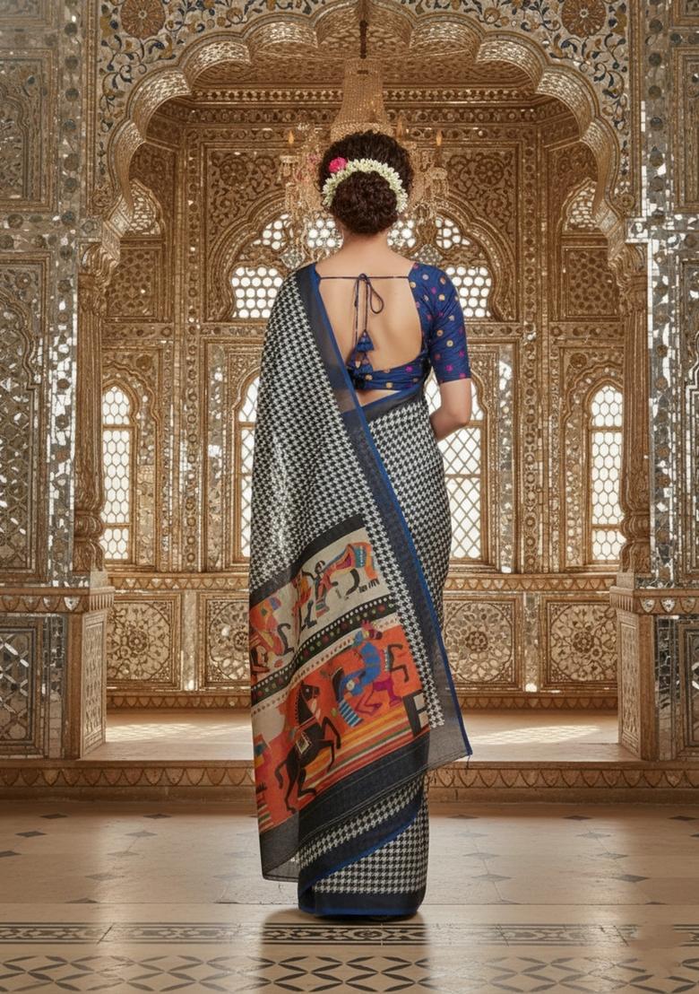 Blue Printed Crepe Saree Set - Indya