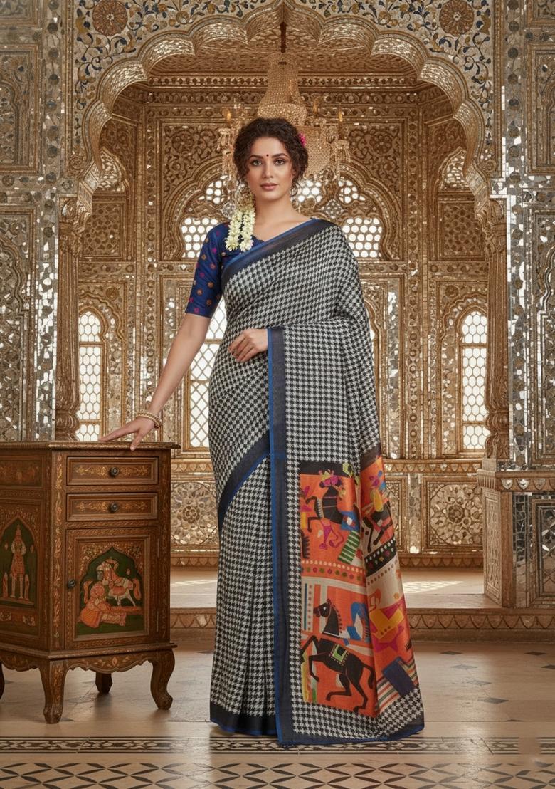 Blue Printed Crepe Saree Set - Indya