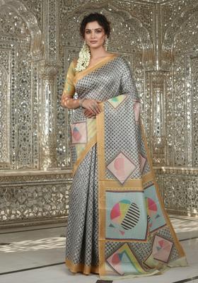 Mustard Printed Crepe Saree Set