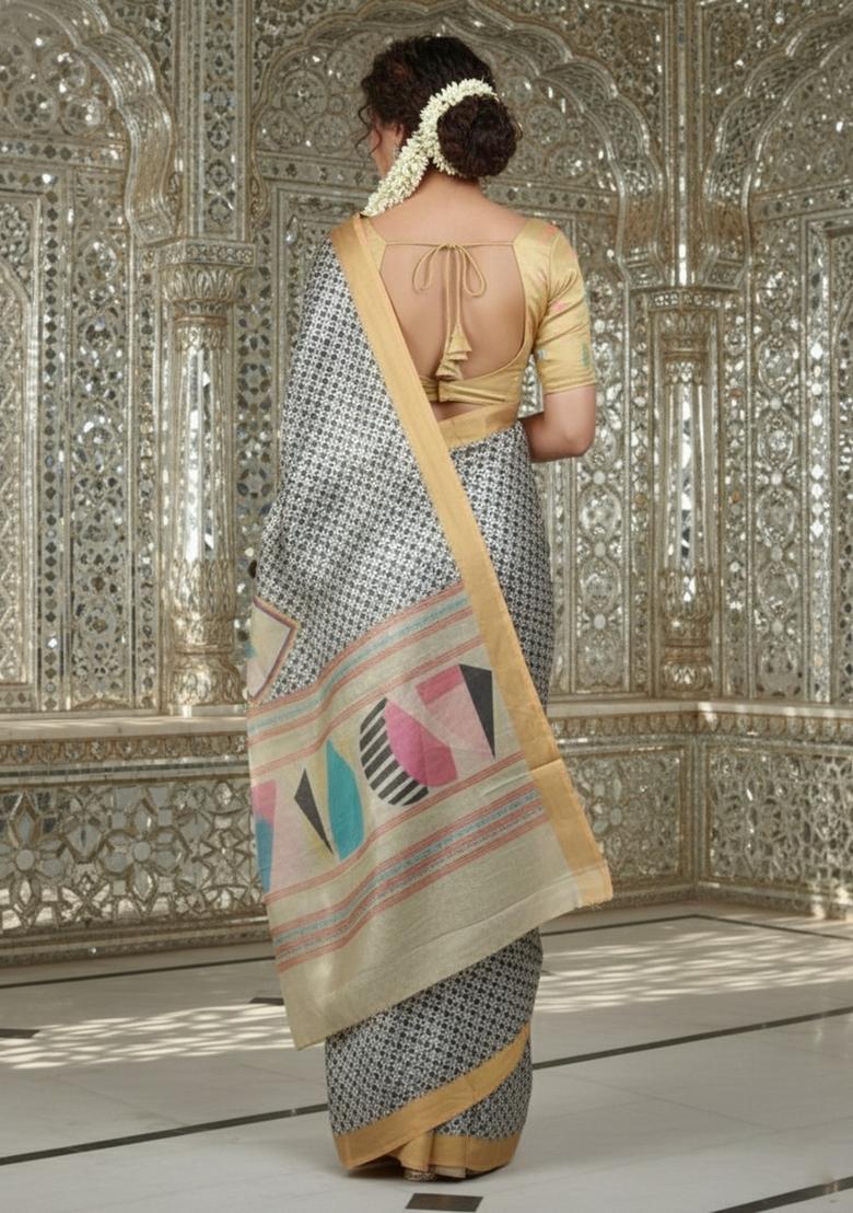 Mustard Printed Crepe Saree Set - Indya