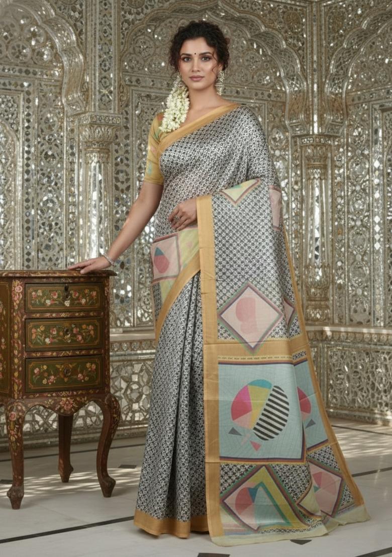 Mustard Printed Crepe Saree Set - Indya