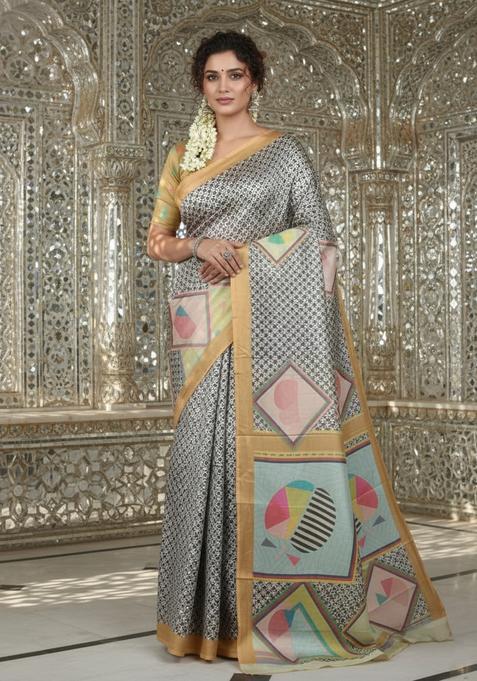 Mustard Printed Crepe Saree Set