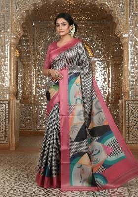 Pink Printed Crepe Saree Set