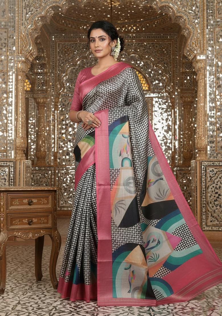 Pink Printed Crepe Saree Set - Indya