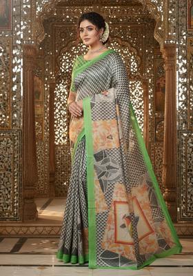 Green Printed Crepe Saree Set