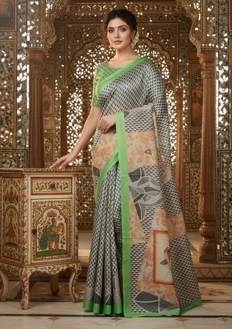Green Printed Crepe Saree Set - Indya