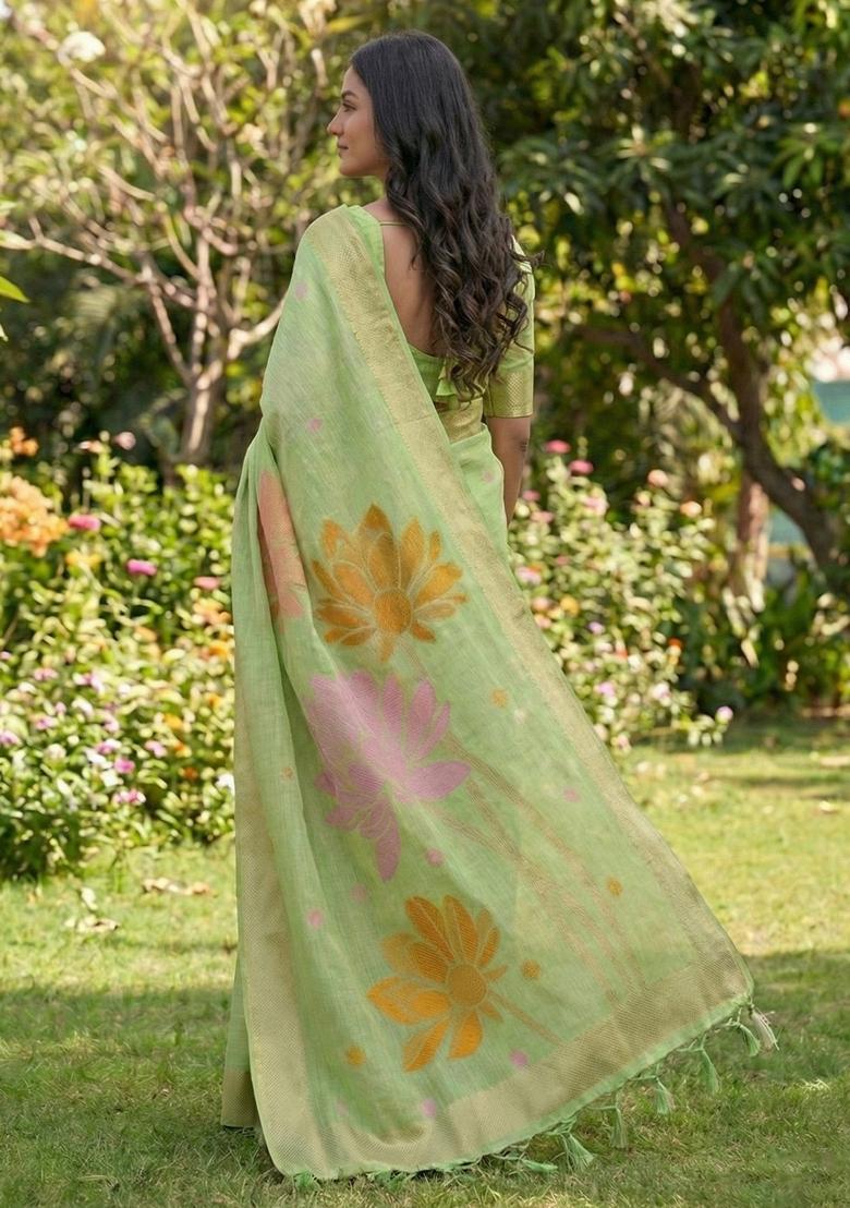 Green Zari Work Cotton Saree Set - Indya