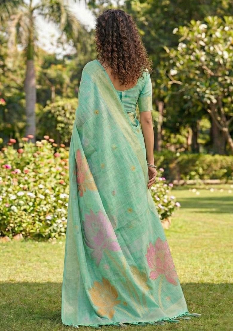 Sea Green Zari Work Cotton Saree Set - Indya