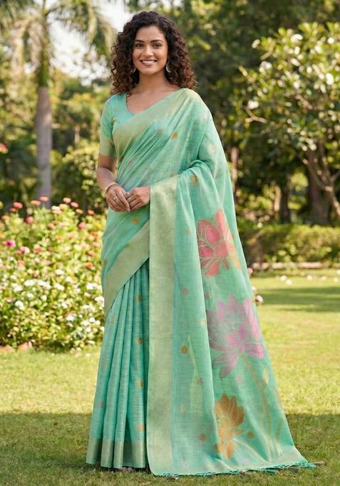 Sea Green Zari Work Cotton Saree Set