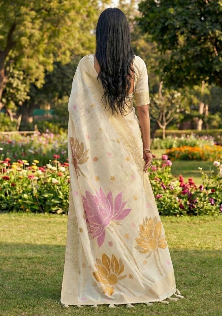 White Zari Work Cotton Saree Set - Indya