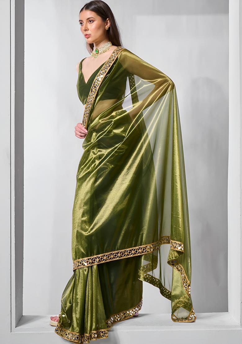 Green Embroidery Tissue Saree Set - Indya