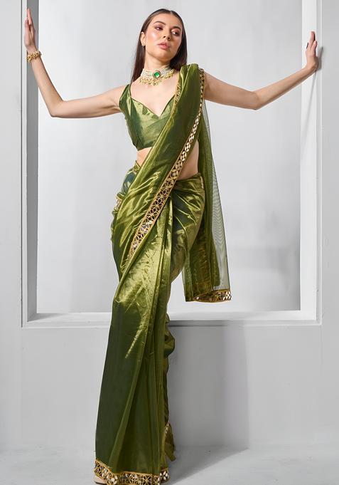 Green Embroidery Tissue Saree Set — view on Indya