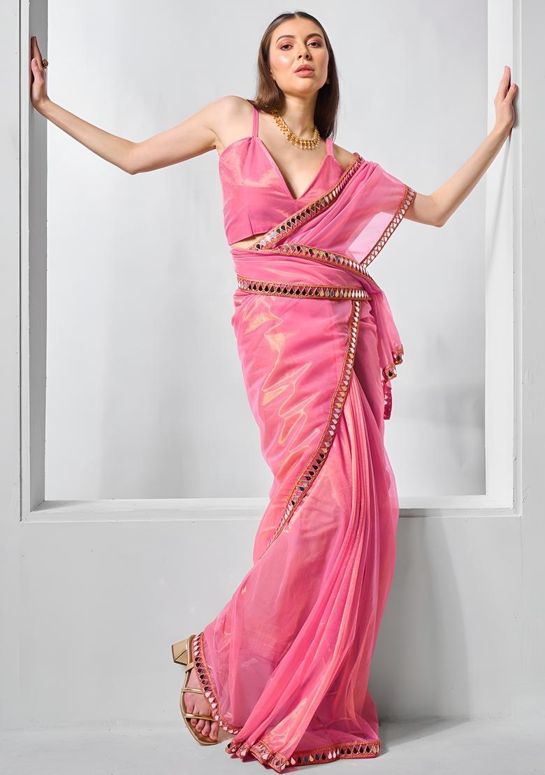 Pink Embroidery Tissue Saree Set - Indya