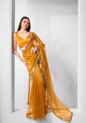 Mustard Embroidery Tissue Saree Set
