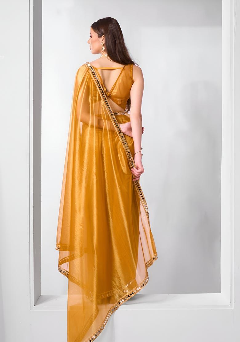Mustard Embroidery Tissue Saree Set - Indya