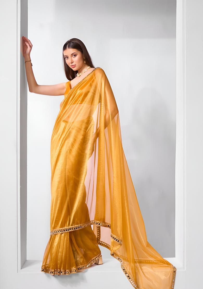 Mustard Embroidery Tissue Saree Set - Indya
