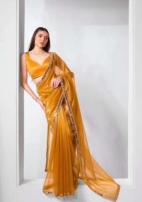 Mustard Embroidery Tissue Saree Set