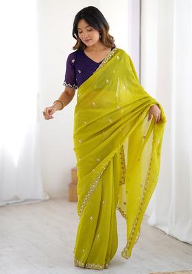 Lemon Embroidery Tissue Saree Set