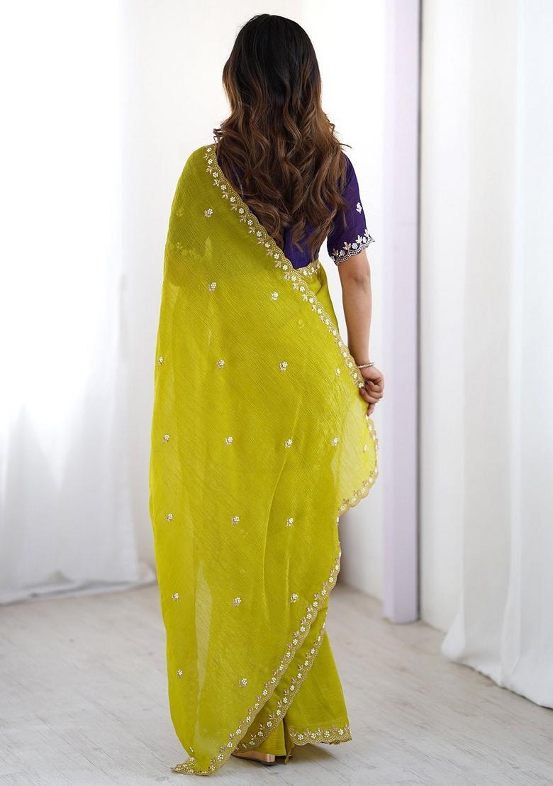Lemon Embroidery Tissue Saree Set - Indya