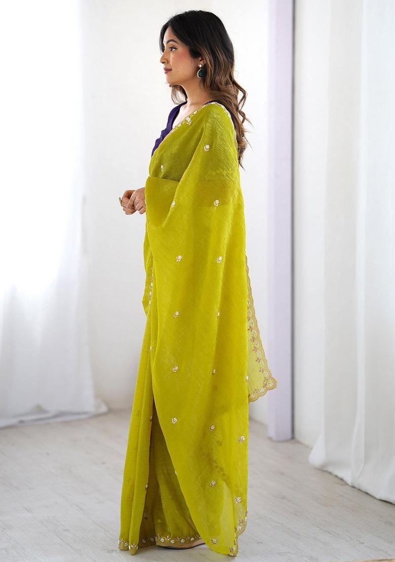 Lemon Embroidery Tissue Saree Set - Indya