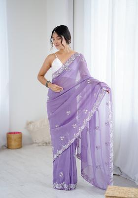 Lavender Embroidery Chiffon Saree Set