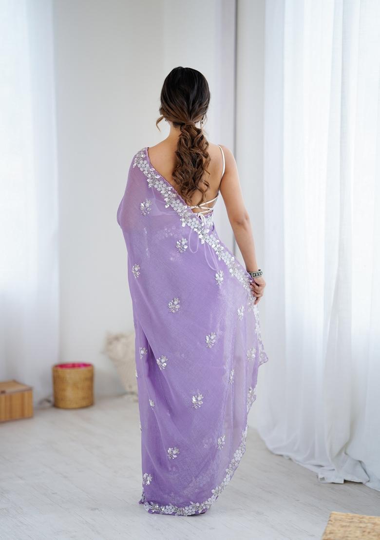Lavender Embroidery Chiffon Saree Set - Indya