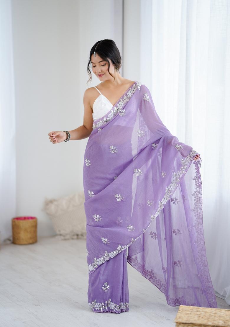 Lavender Embroidery Chiffon Saree Set - Indya