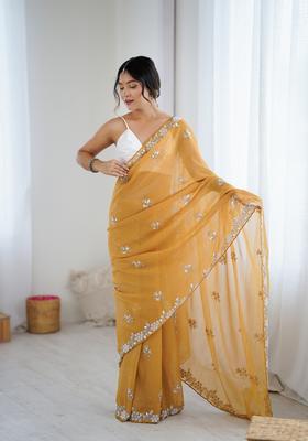 Mustard Embroidery Chiffon Saree Set